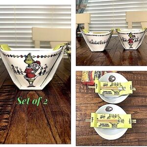 The Grinch Dr. Suess Ramen Bowls set of 2 NWT Chopsticks Christmas Cindy Lou